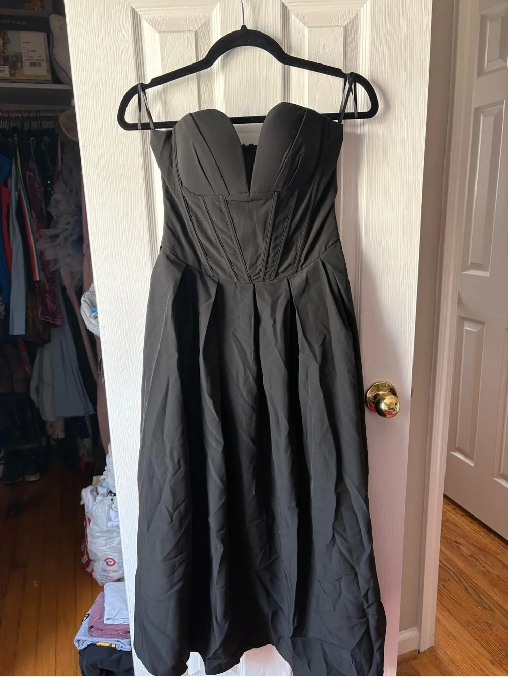 Black Strapless pleated A-Line Dress with pockets